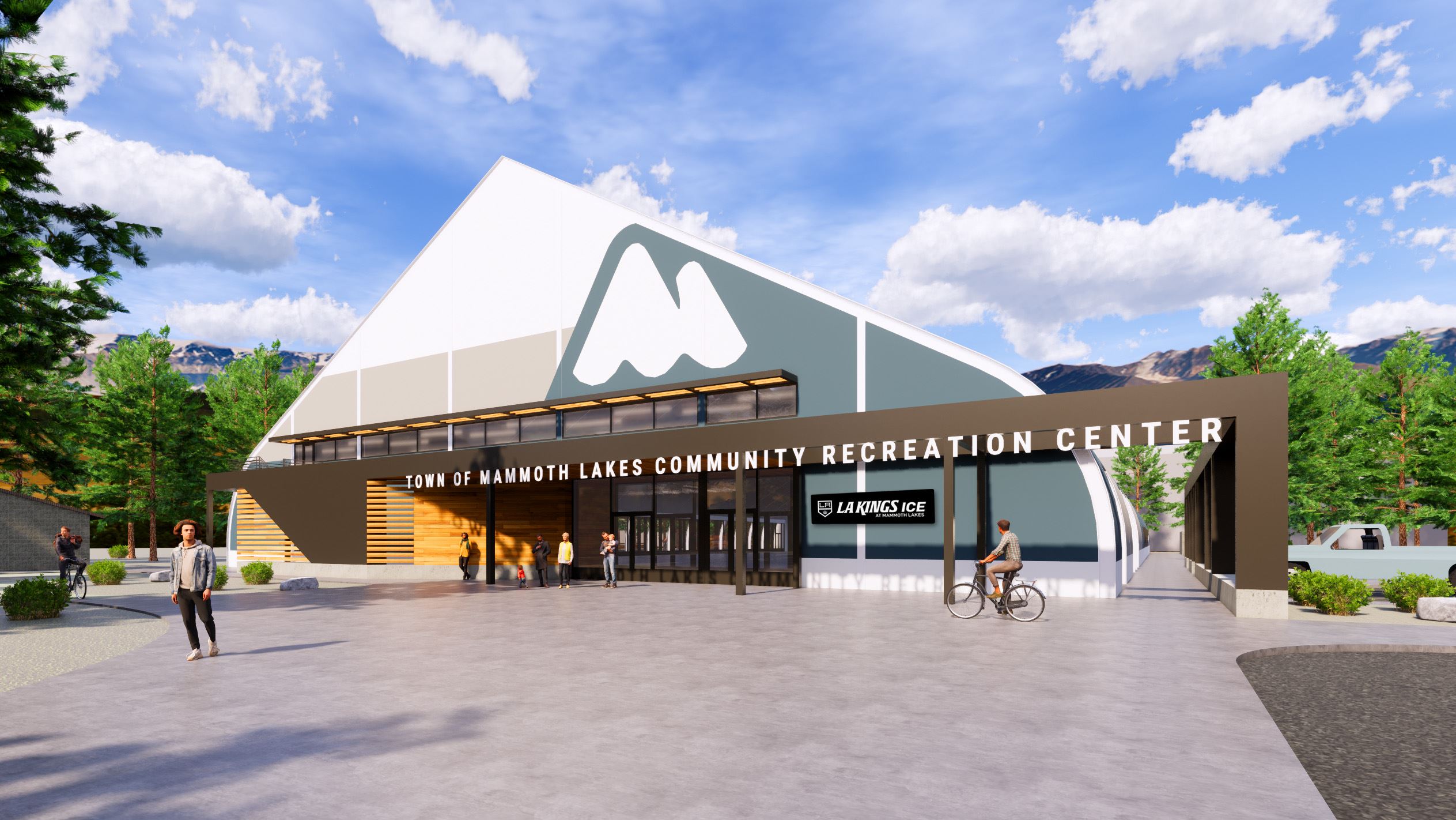 Rendering of the Front of the Community Recreation Center with LA Kings Ice at Mammoth Lakes logo
