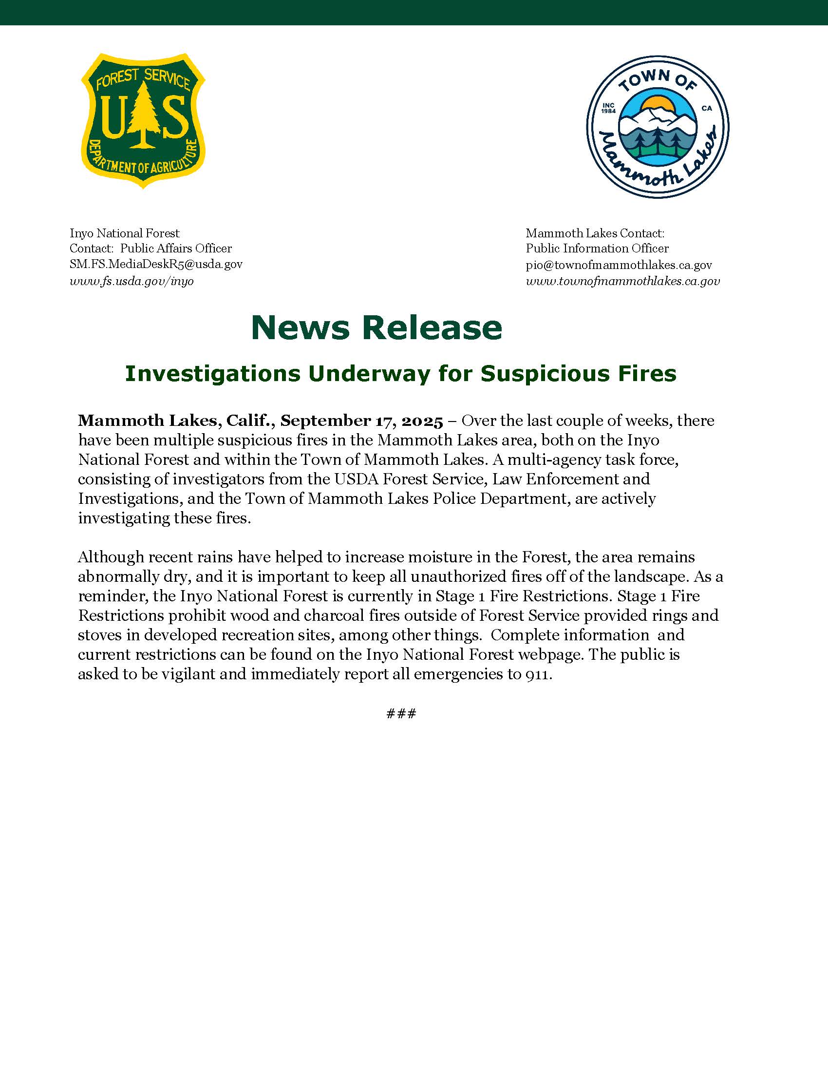 Investigations Underway for Suspicious Fires in Mammoth Lakes Area - 17 Sept 2025